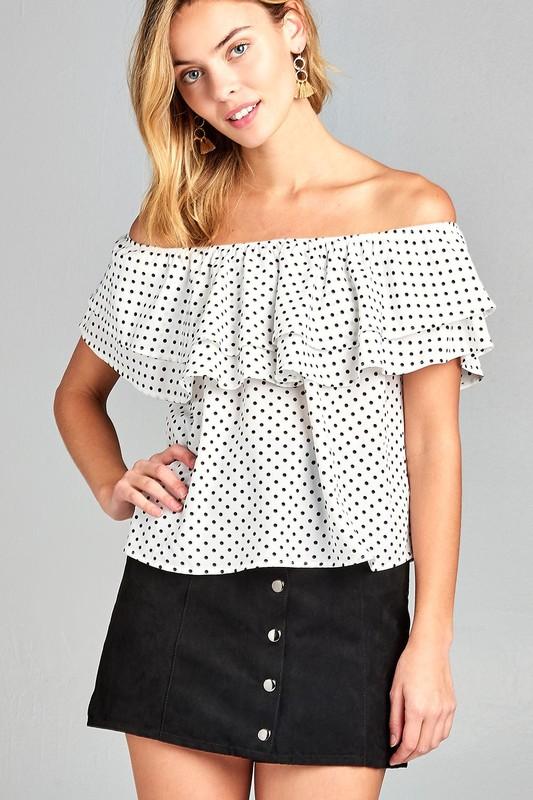 A stylish Women's Double Ruffle Off Shoulder Polka Dot Top featuring ruffles and a playful polka dot print, perfect for summer outings.