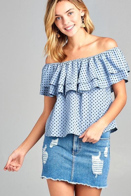 A stylish Women's Double Ruffle Off Shoulder Polka Dot Top featuring ruffles and a playful polka dot print, perfect for summer outings.