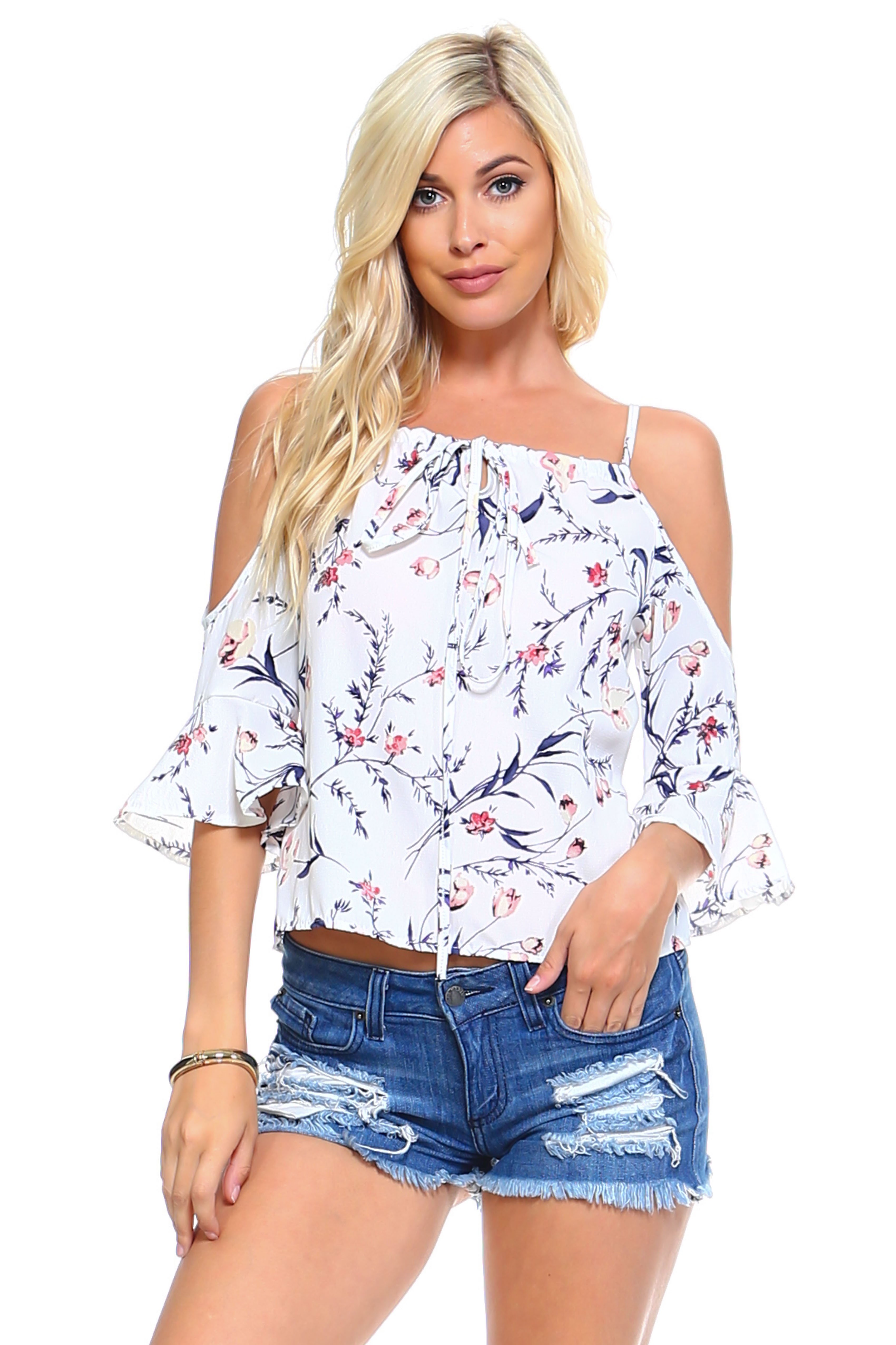 A stylish Women's Floral Tie Cold Shoulder Top featuring a vibrant floral print, cold shoulder design, and a chic tie neckline, perfect for casual outings.