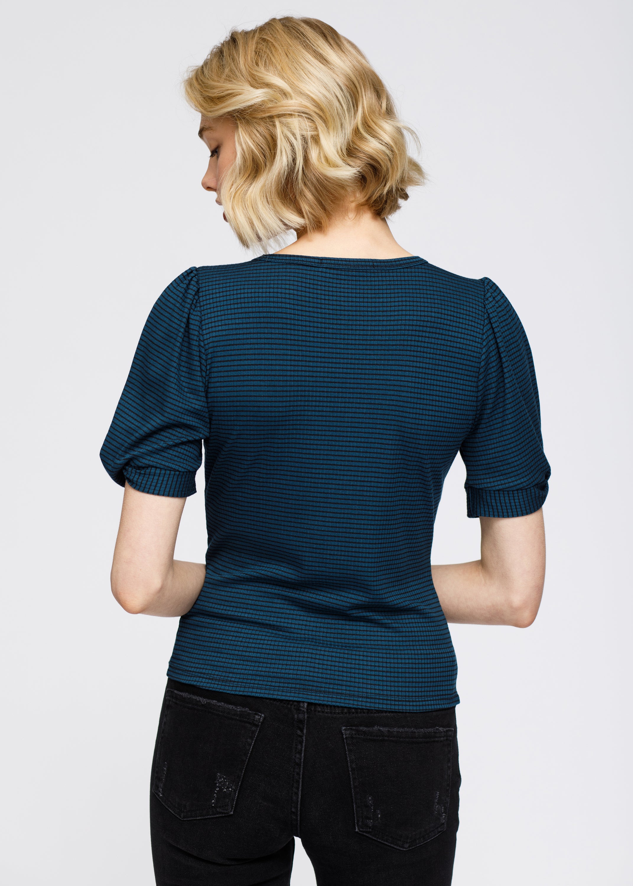 Women's Gathered Short Sleeve Stripe Knit Top featuring twisted sleeves and ribbed fabric in a stylish design.