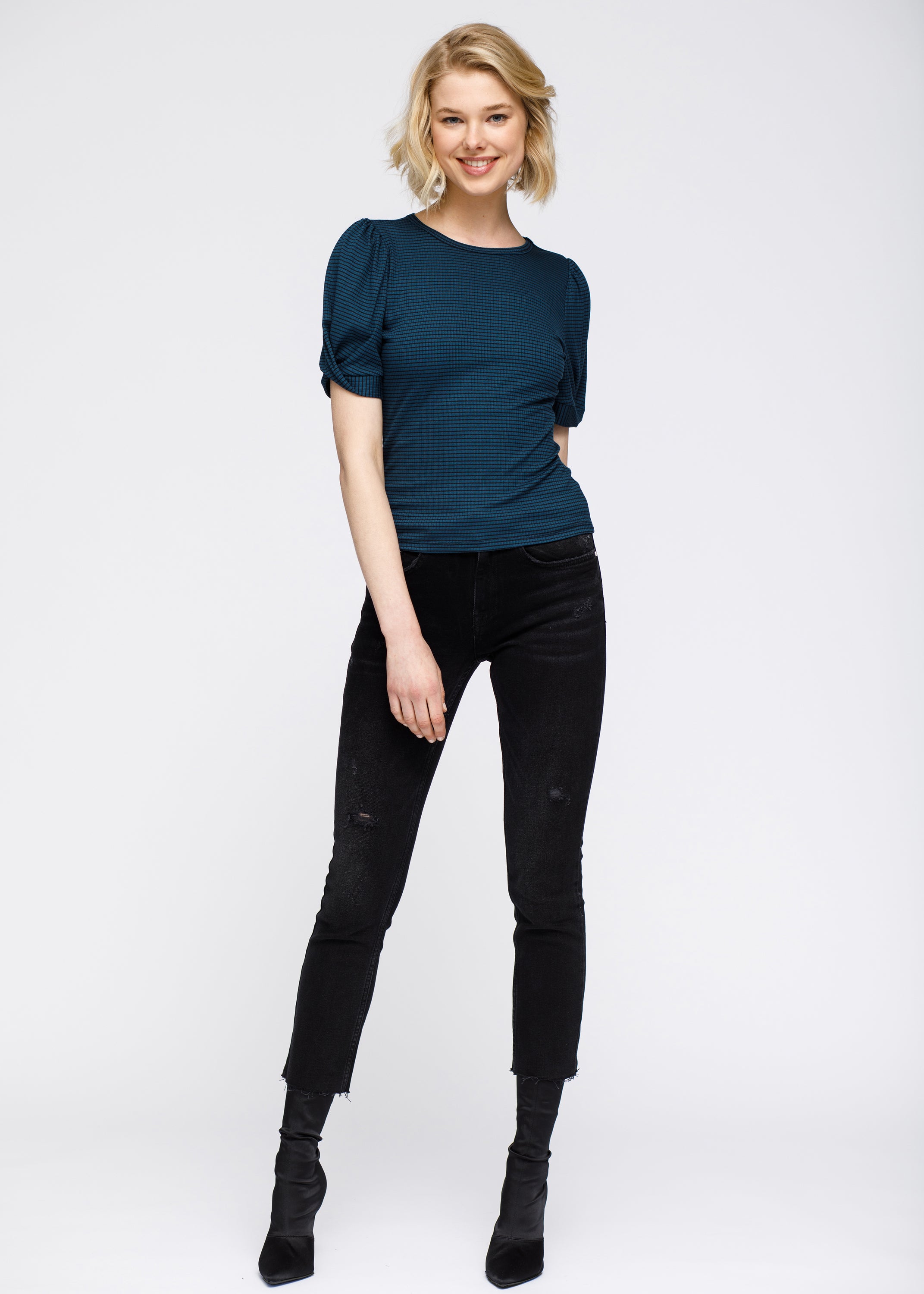 Women's Gathered Short Sleeve Stripe Knit Top featuring twisted sleeves and ribbed fabric in a stylish design.