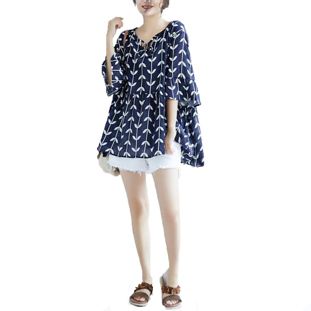 Womens Linen Floral Top in navy color with floral design, showcasing a loose fit and comfortable fabric.