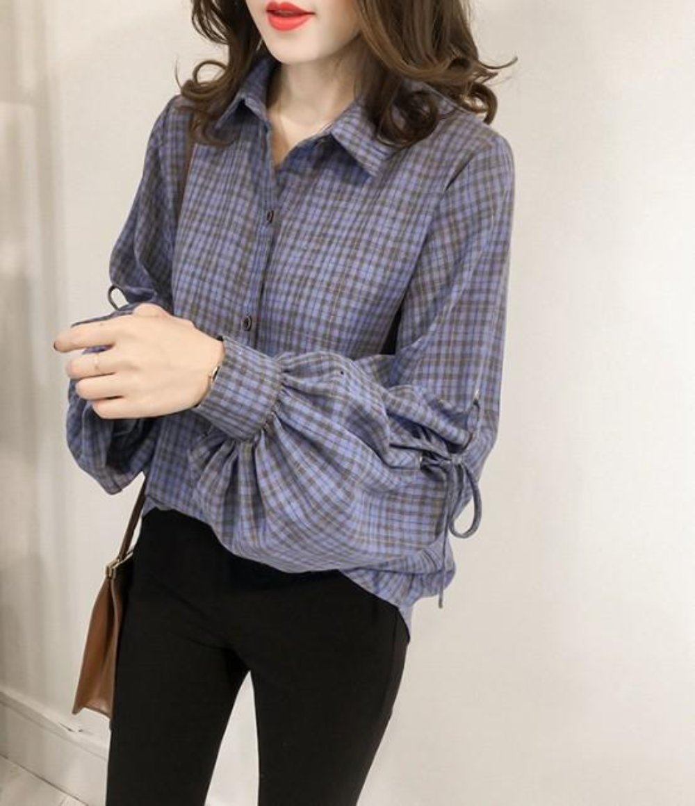 Womens Loose Fit Button Front Bell Sleeves Plaid Shirt in Red and Blue, showcasing stylish bell sleeves and button front design.