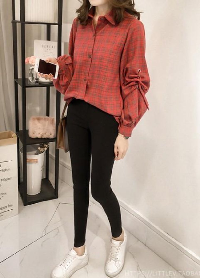 Womens Loose Fit Button Front Bell Sleeves Plaid Shirt in Red and Blue, showcasing stylish bell sleeves and button front design.