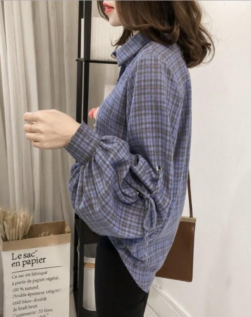 Womens Loose Fit Button Front Bell Sleeves Plaid Shirt in Red and Blue, showcasing stylish bell sleeves and button front design.