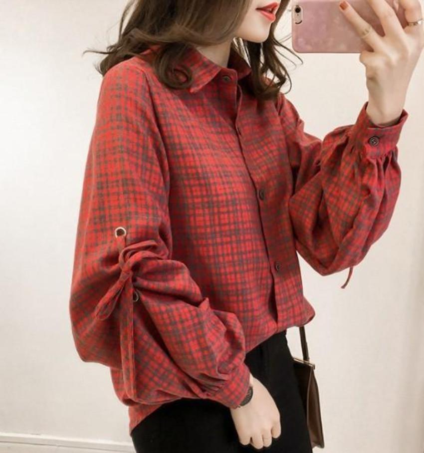 Womens Loose Fit Button Front Bell Sleeves Plaid Shirt in Red and Blue, showcasing stylish bell sleeves and button front design.