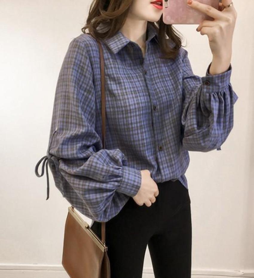 Womens Loose Fit Button Front Bell Sleeves Plaid Shirt in Red and Blue, showcasing stylish bell sleeves and button front design.