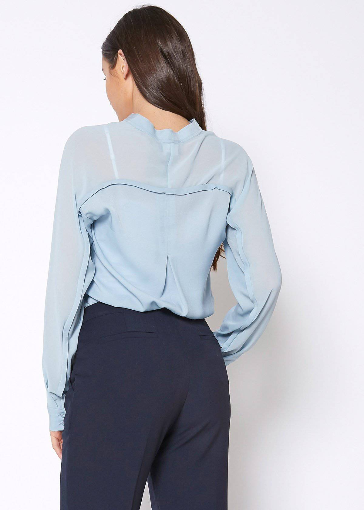 Women's mandarin collar shirt blouse in cashmere blue, featuring long sleeves and a sophisticated design.