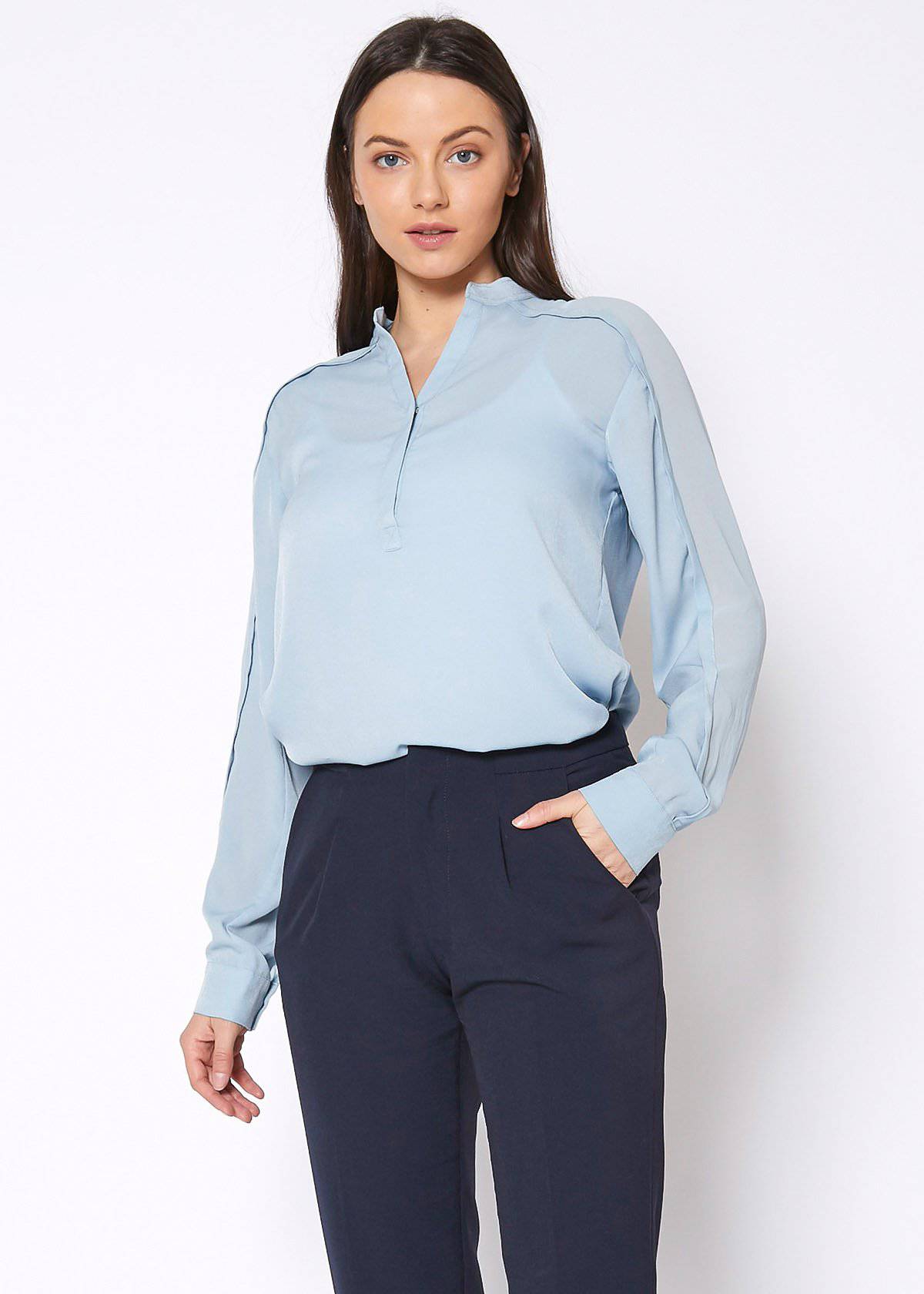 Women's mandarin collar shirt blouse in cashmere blue, featuring long sleeves and a sophisticated design.