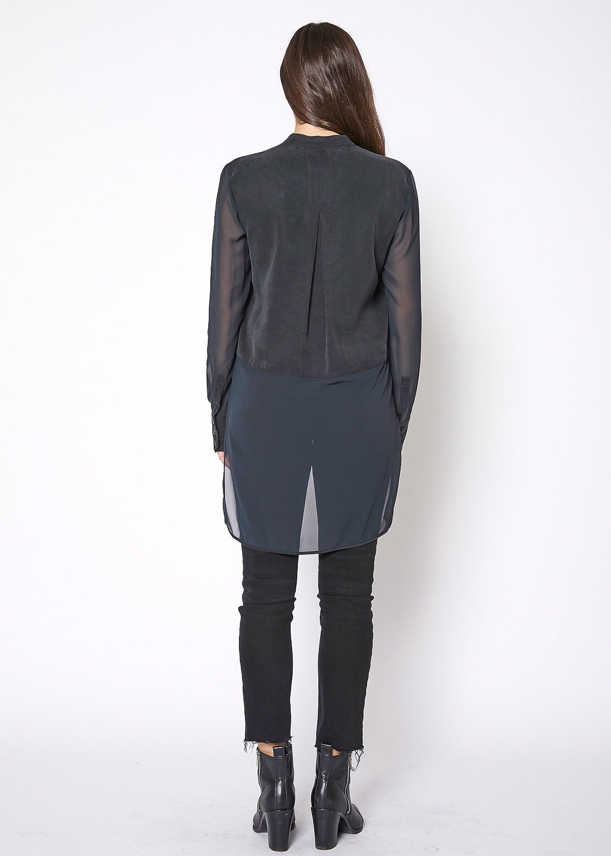 Women's black button-up shirt with sheer mesh sleeves and hem, showcasing a stylish and casual design.