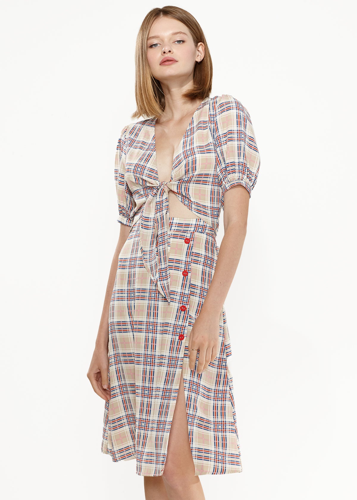 Women's Multi Check Front Tie Hem Blouse featuring puff short sleeves and a stylish front tie design.