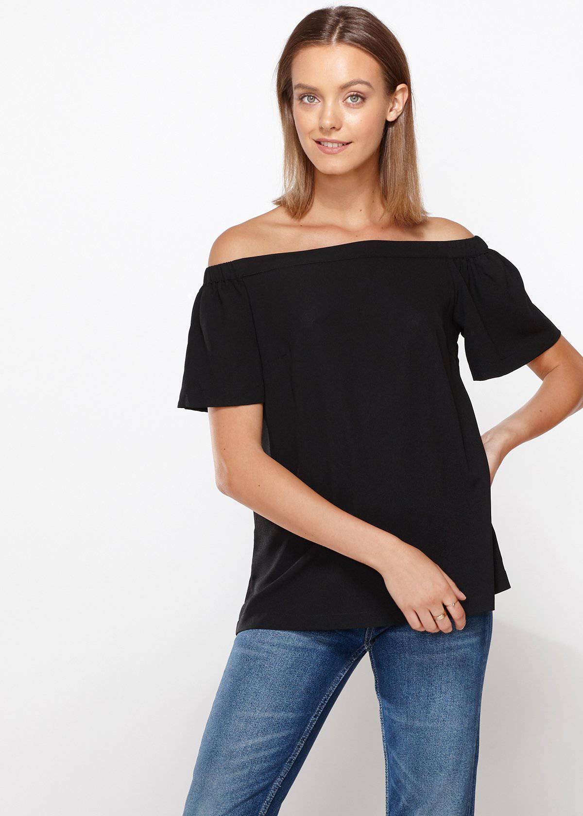 A stylish black women's off-shoulder top featuring short bell sleeves and an elasticized shoulder line, perfect for casual and formal occasions.