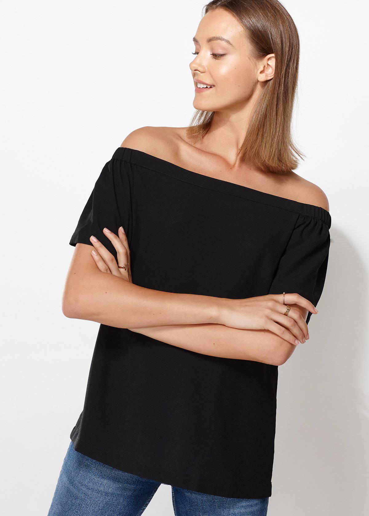 A stylish black women's off-shoulder top featuring short bell sleeves and an elasticized shoulder line, perfect for casual and formal occasions.