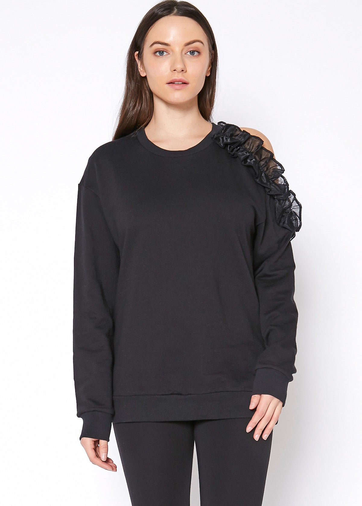 A stylish Women's One Shoulder Detail Sweatshirt in soft cotton, showcasing its unique one-shoulder design, perfect for casual wear.