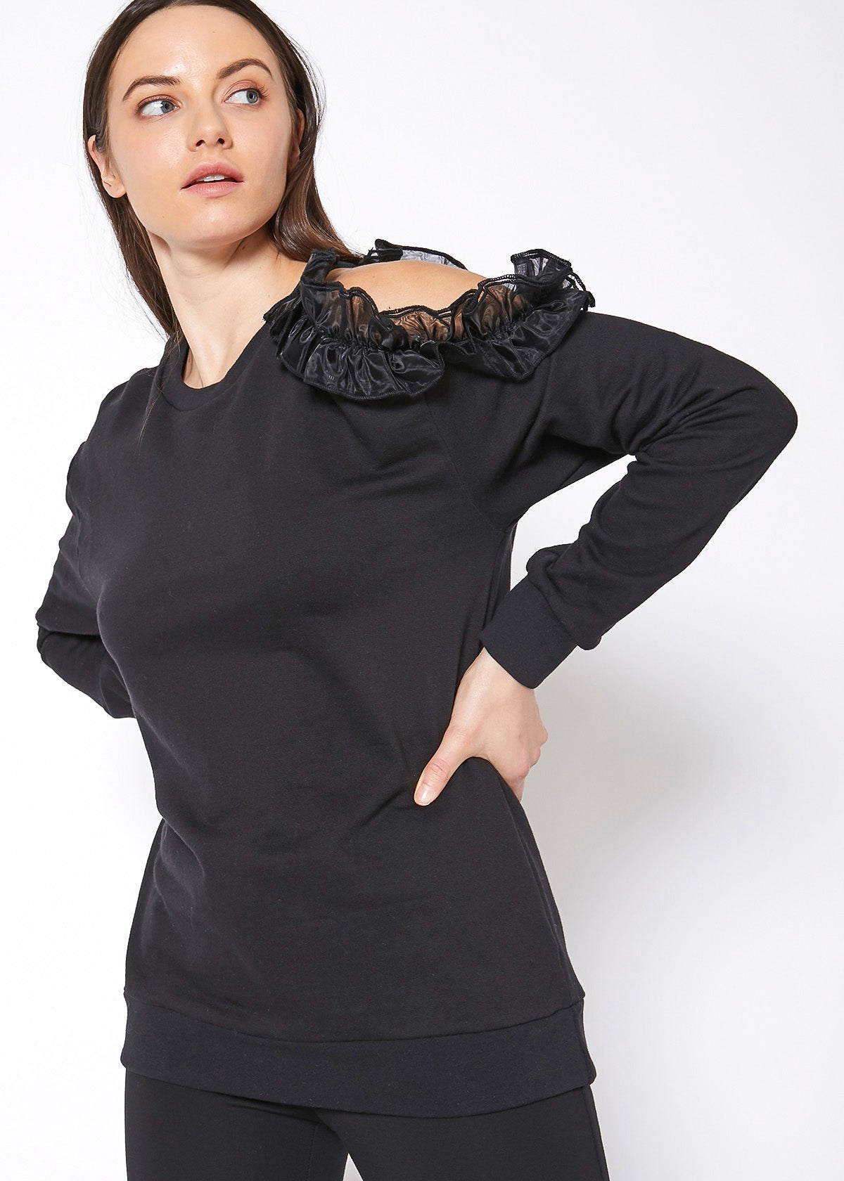 A stylish Women's One Shoulder Detail Sweatshirt in soft cotton, showcasing its unique one-shoulder design, perfect for casual wear.