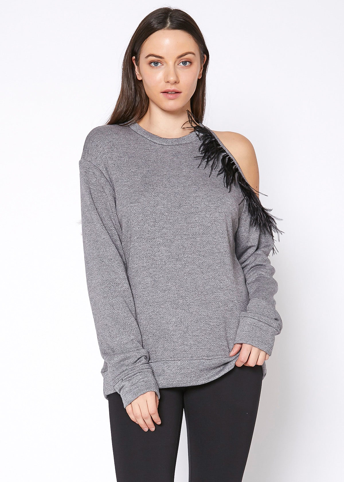 A stylish Women's One Shoulder Feather Sweatshirt featuring a trendy one-shoulder design, made from soft polyester and rayon blend fabric.