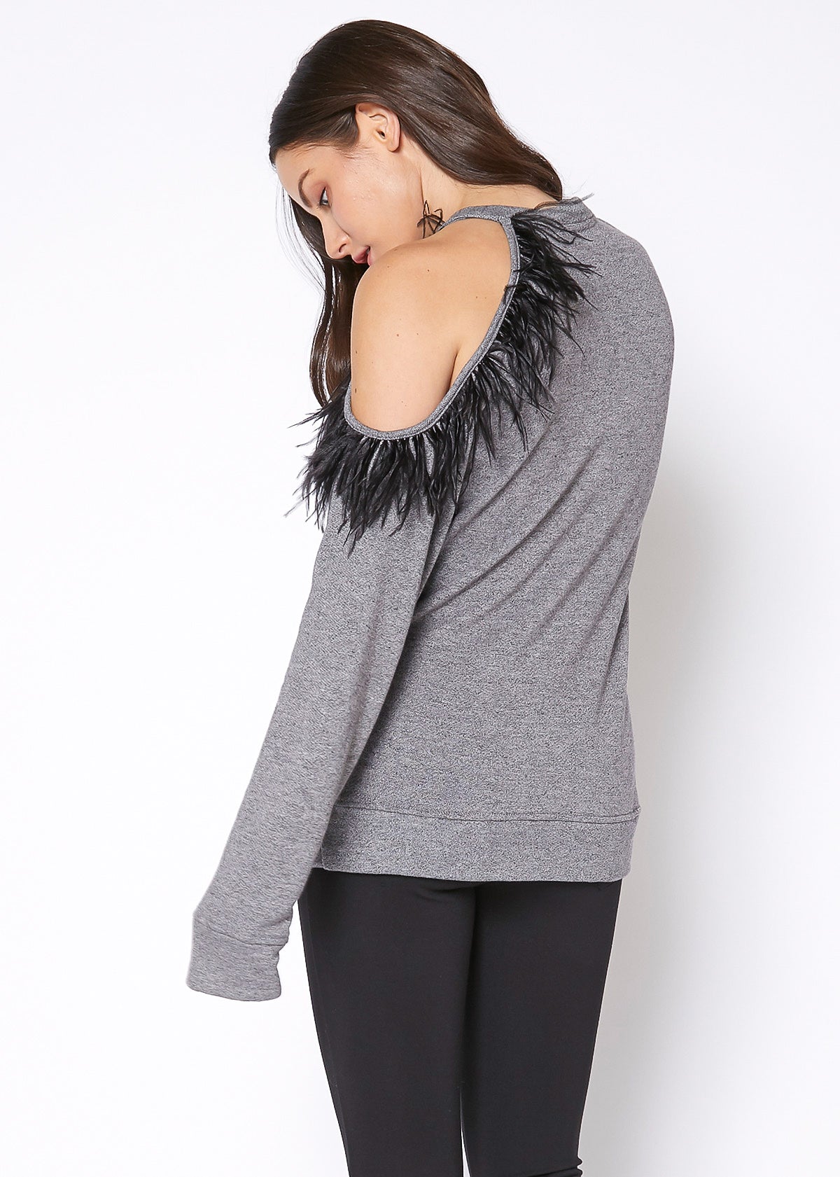 A stylish Women's One Shoulder Feather Sweatshirt featuring a trendy one-shoulder design, made from soft polyester and rayon blend fabric.