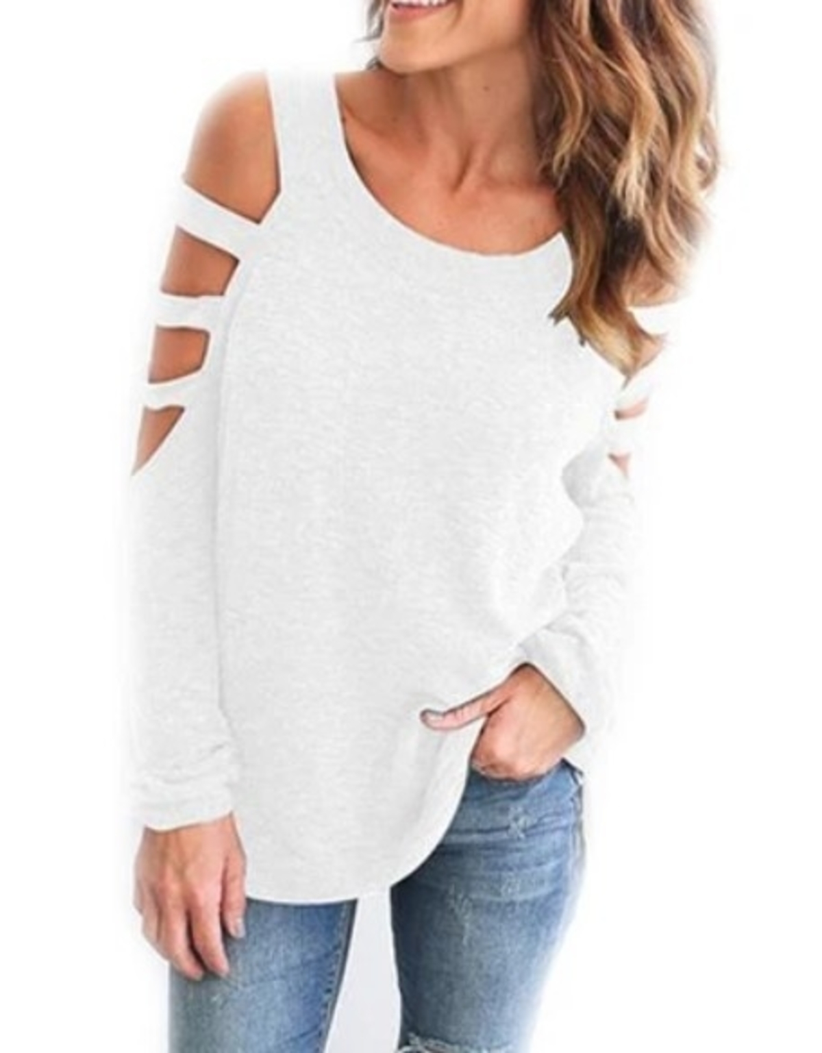 Womens Open Shoulder Long Sleeve Casual Top in white and dark gray, showcasing trendy cut-out shoulder design and slim fit.