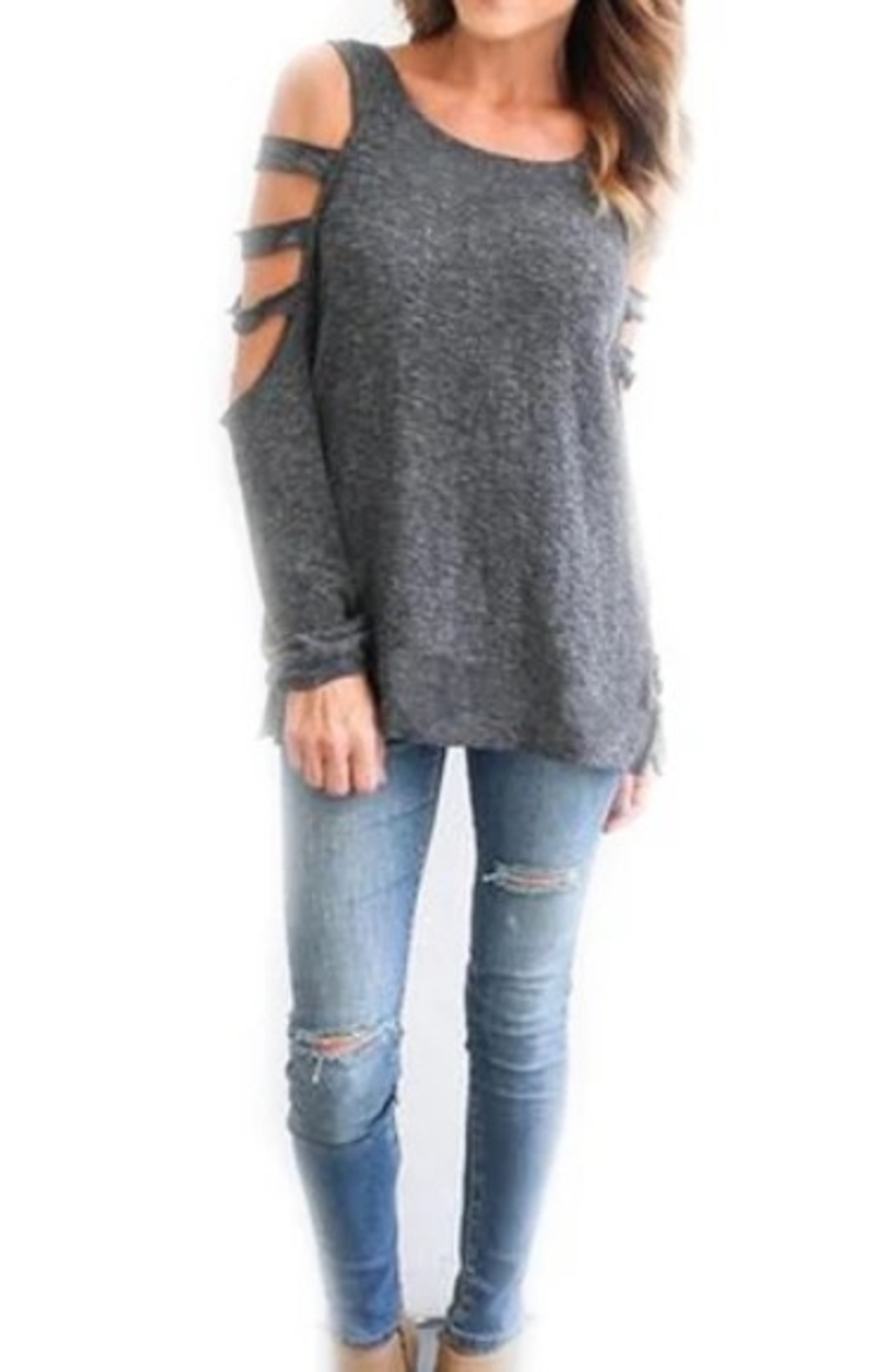 Womens Open Shoulder Long Sleeve Casual Top in white and dark gray, showcasing trendy cut-out shoulder design and slim fit.