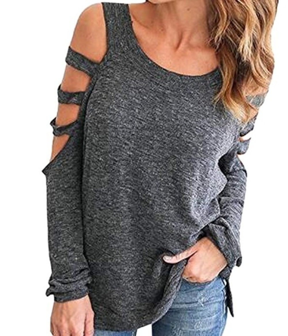 Womens Open Shoulder Long Sleeve Casual Top in white and dark gray, showcasing trendy cut-out shoulder design and slim fit.