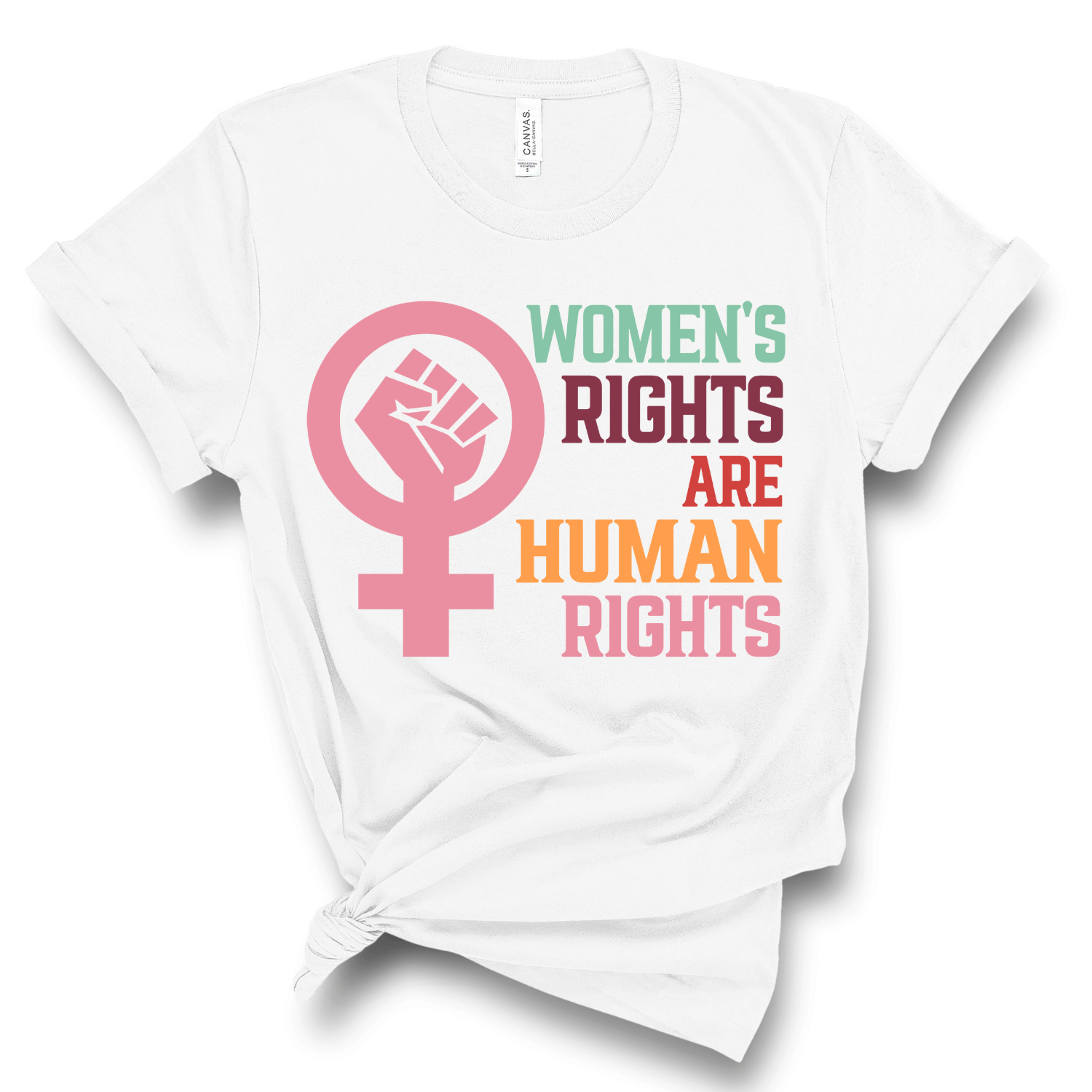 A soft, unisex graphic tee featuring the phrase 'Women's Rights are Human Rights' in bold lettering, made from 100% ring spun cotton.