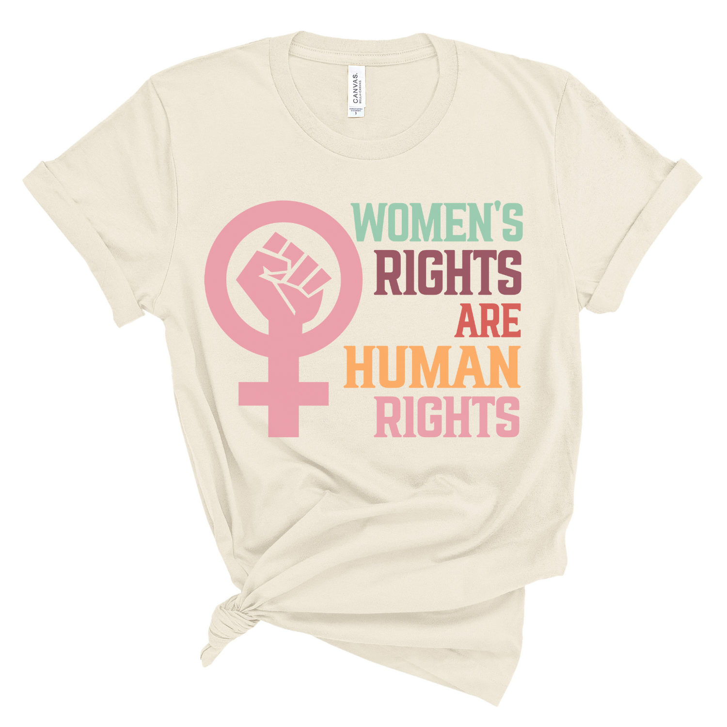 A soft, unisex graphic tee featuring the phrase 'Women's Rights are Human Rights' in bold lettering, made from 100% ring spun cotton.