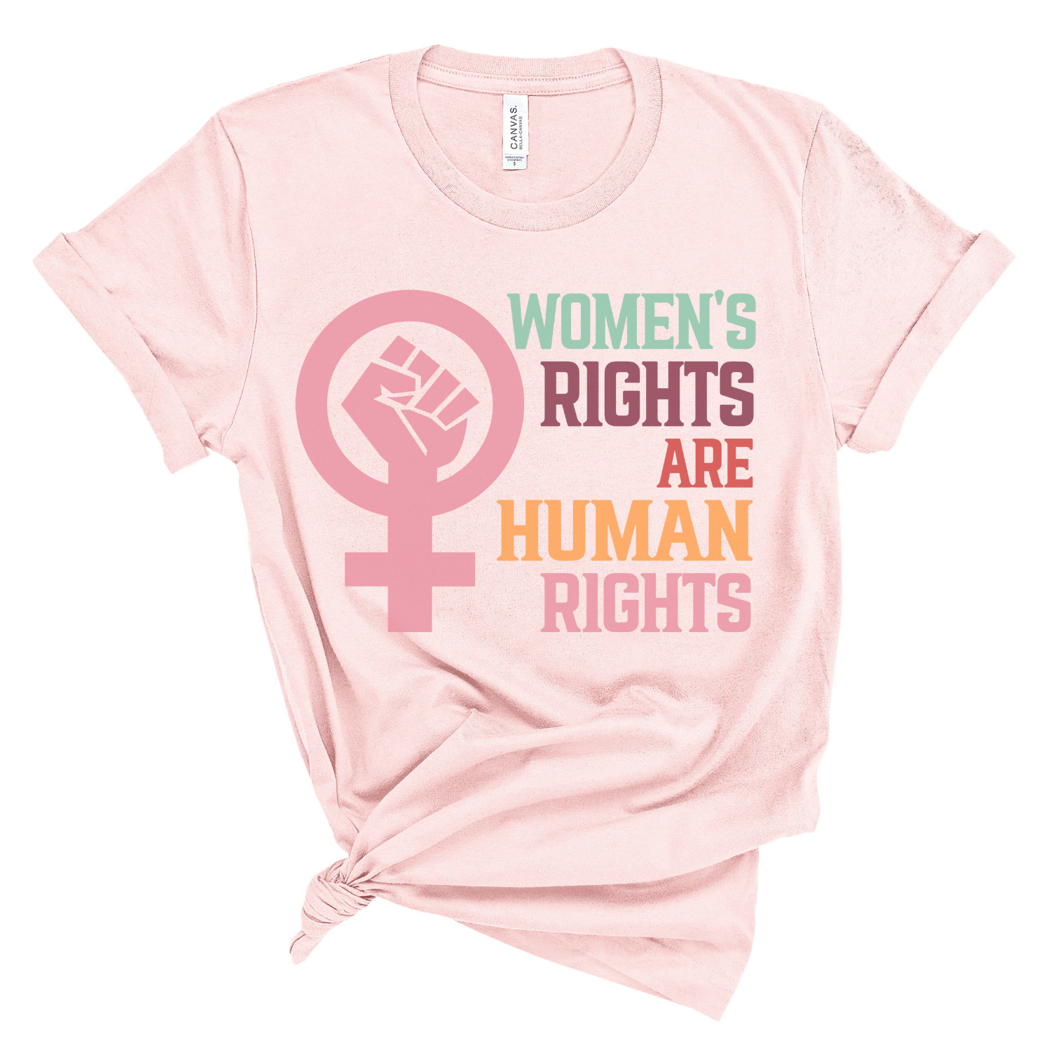 A soft, unisex graphic tee featuring the phrase 'Women's Rights are Human Rights' in bold lettering, made from 100% ring spun cotton.