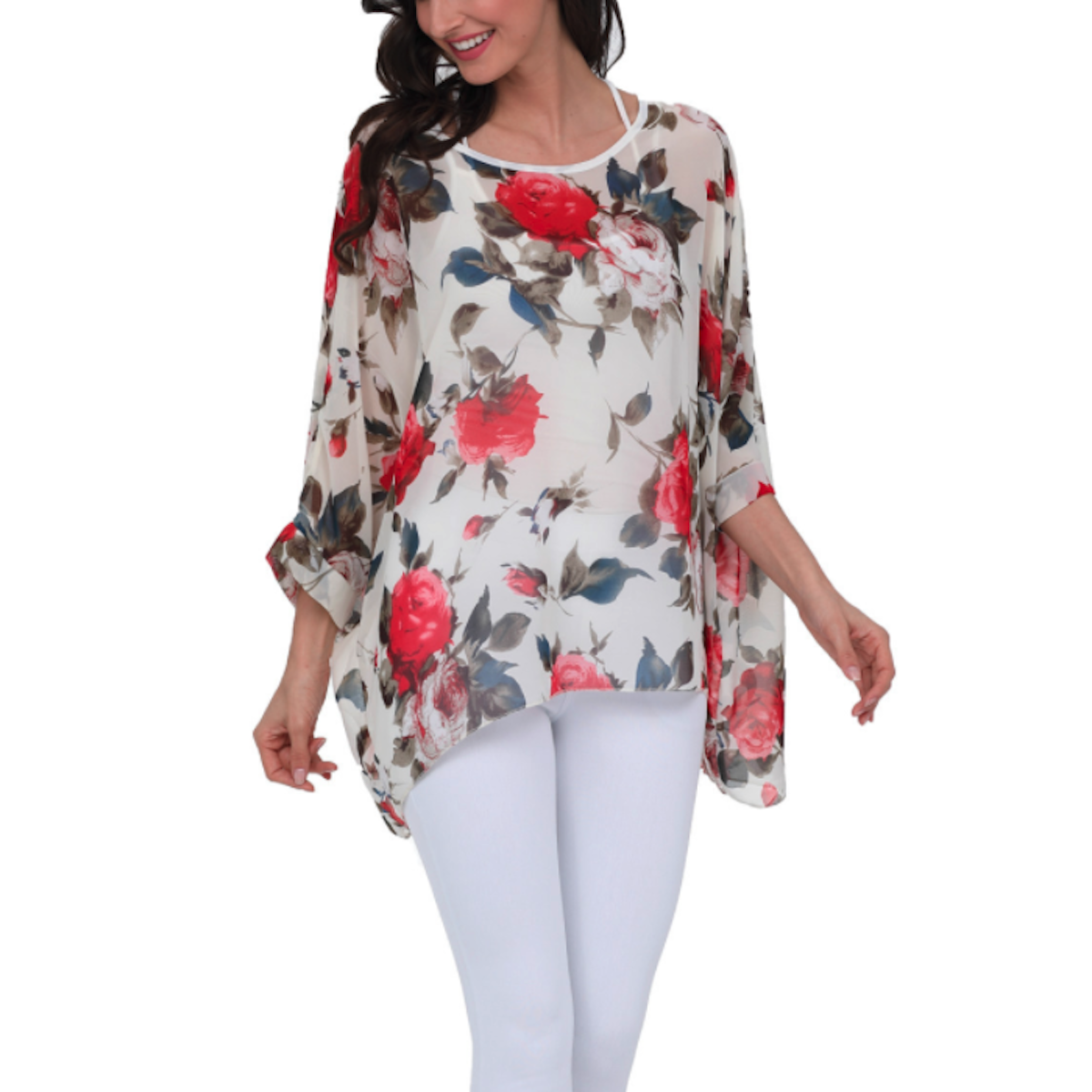 Womens Rose Floral Print Chiffon Top in light brown with colorful floral design, perfect for summer wear.