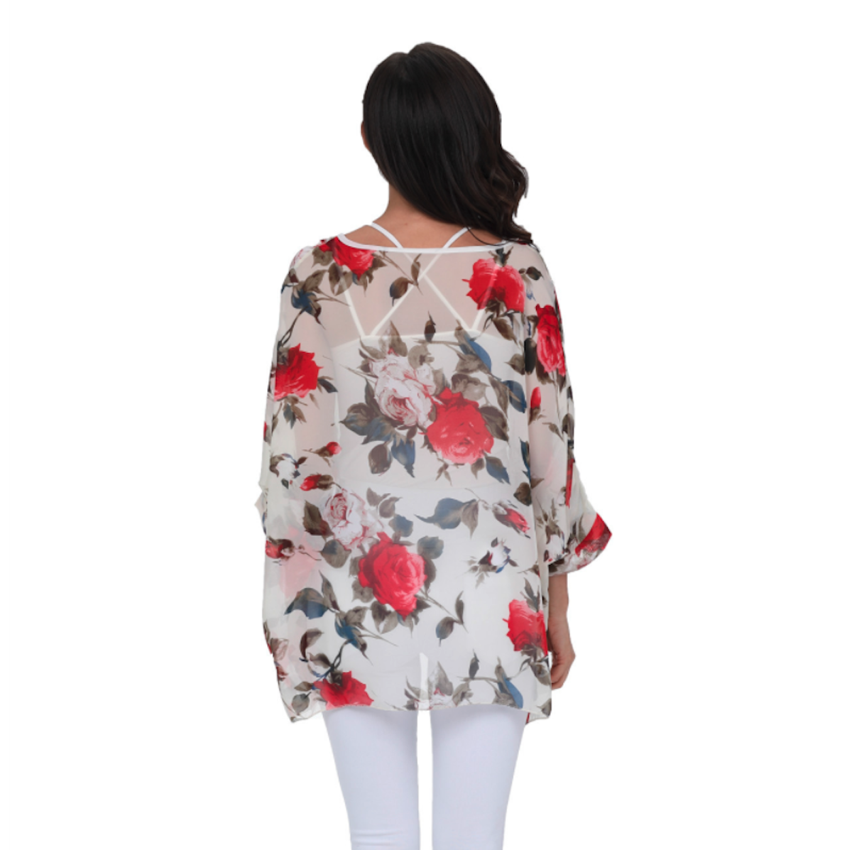 Womens Rose Floral Print Chiffon Top in light brown with colorful floral design, perfect for summer wear.