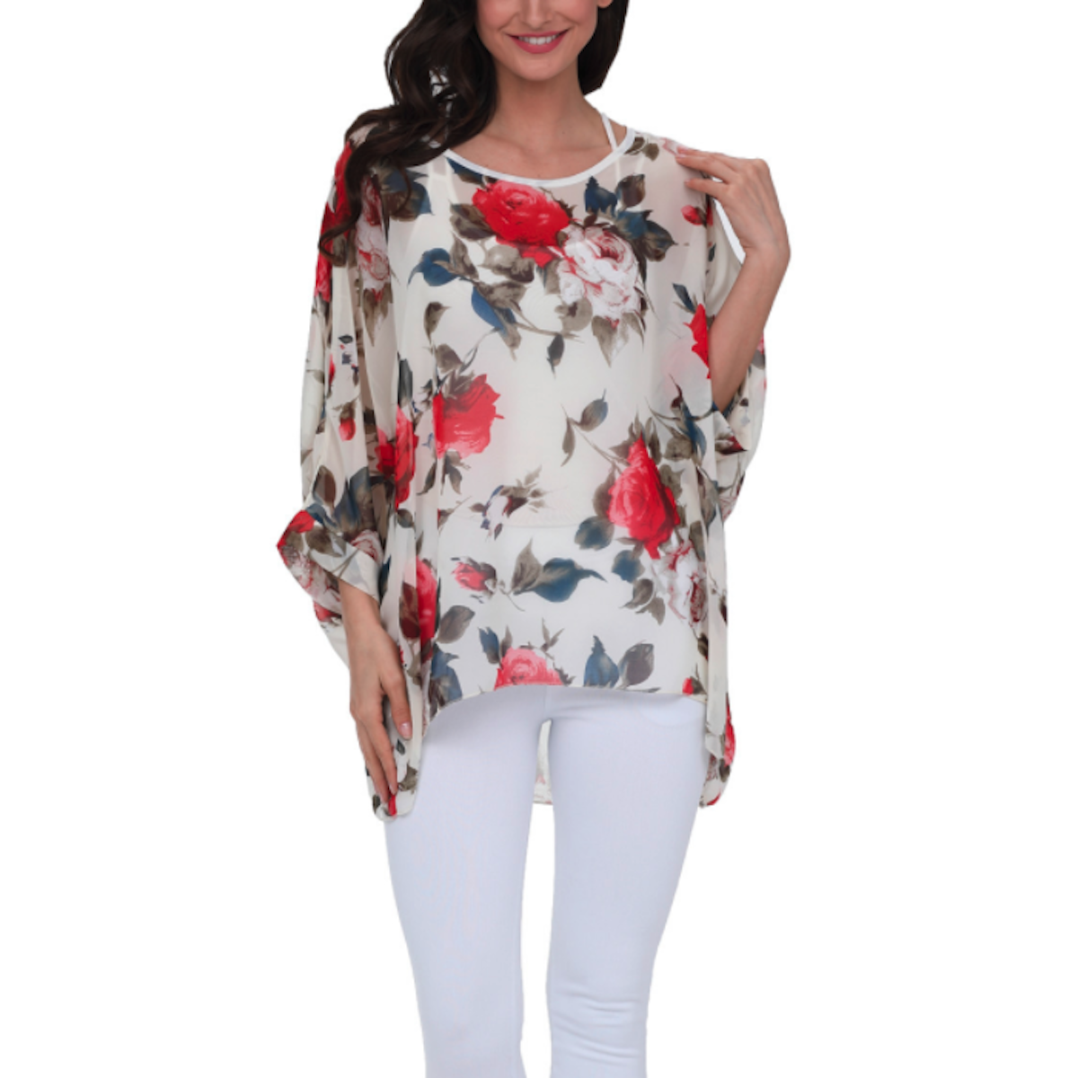 Womens Rose Floral Print Chiffon Top in light brown with colorful floral design, perfect for summer wear.