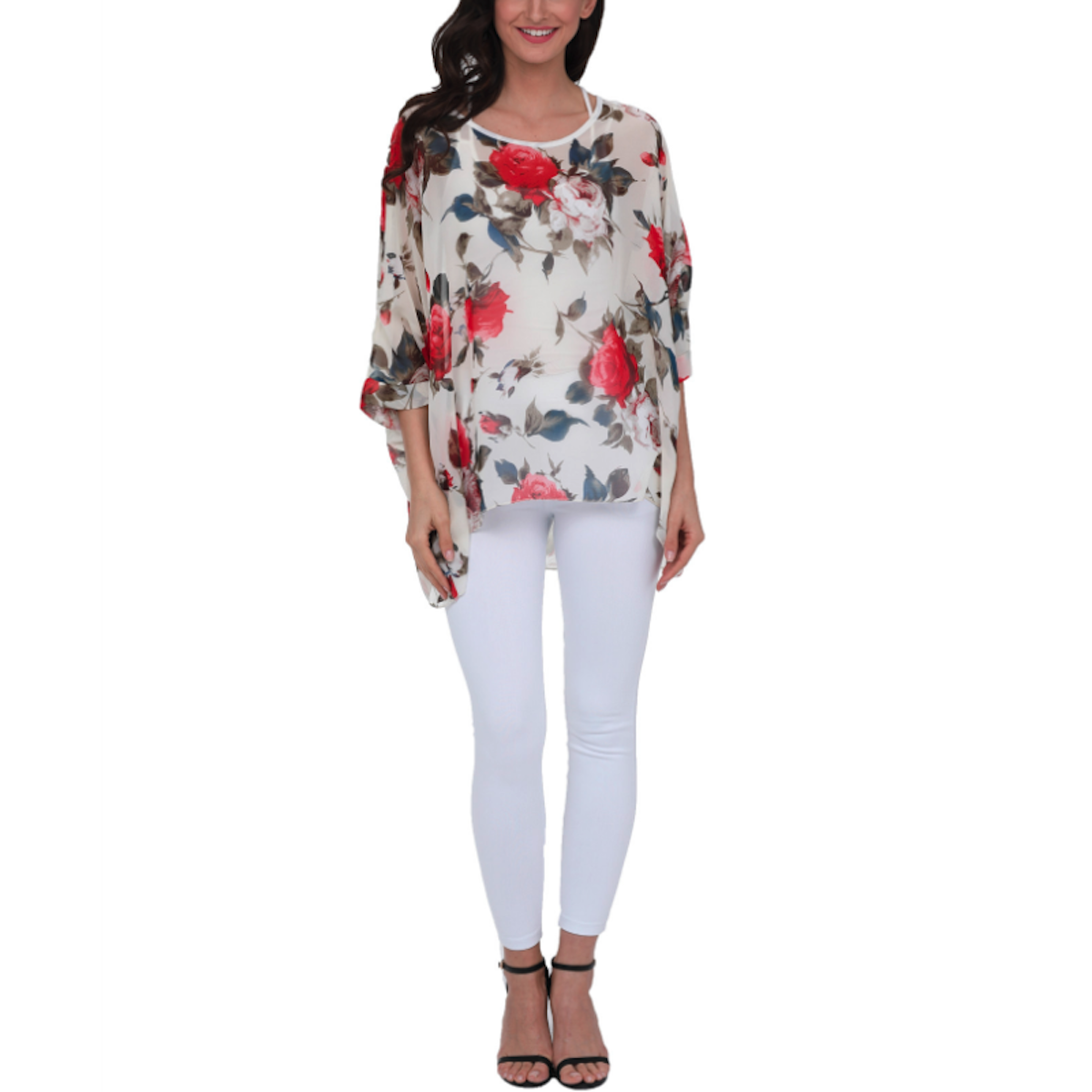 Womens Rose Floral Print Chiffon Top in light brown with colorful floral design, perfect for summer wear.