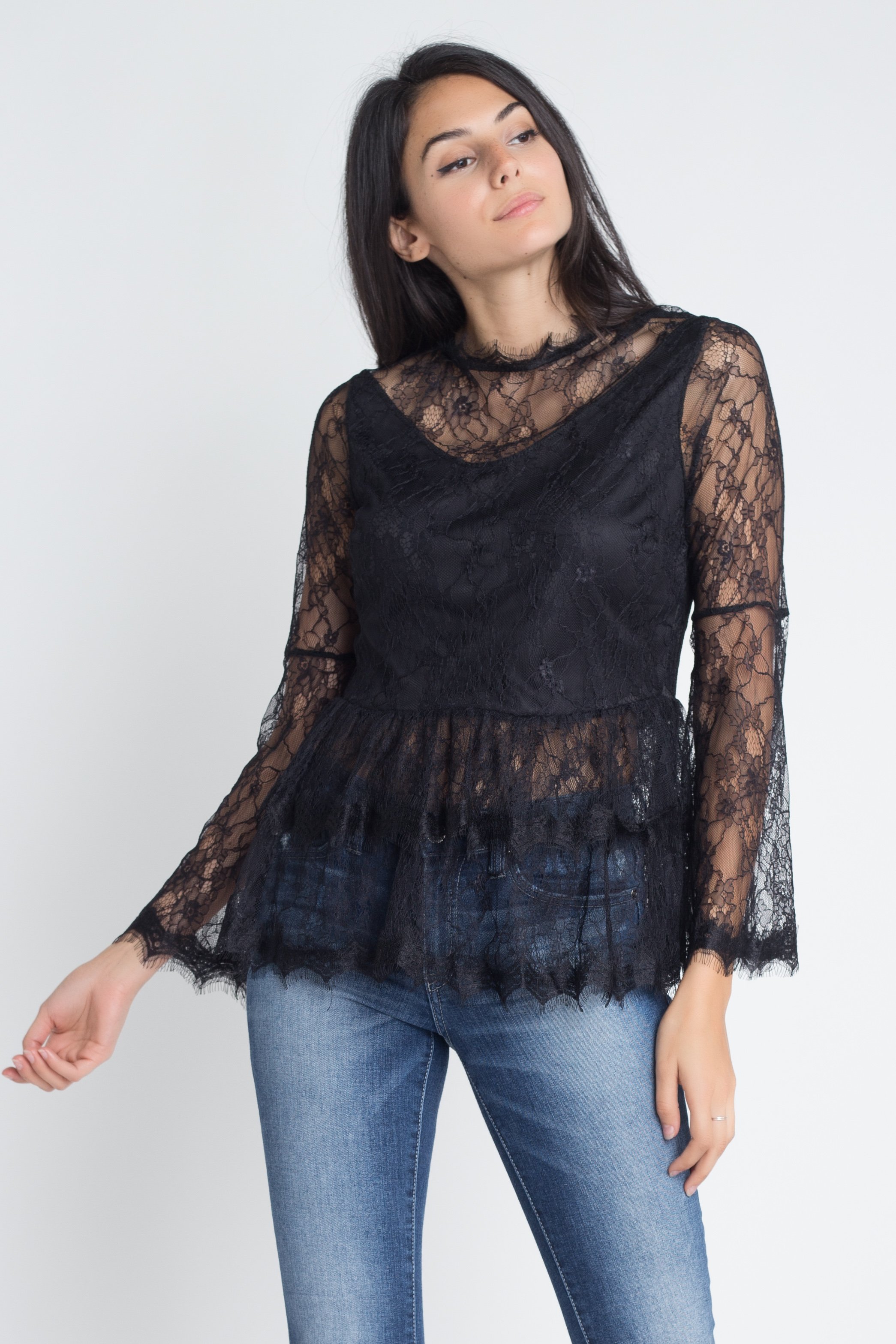 A stylish Women's Semi Lace Zipper Back Flare Sleeve Blouse featuring elegant semi lace fabric, trendy flare sleeves, and a convenient zipper back.