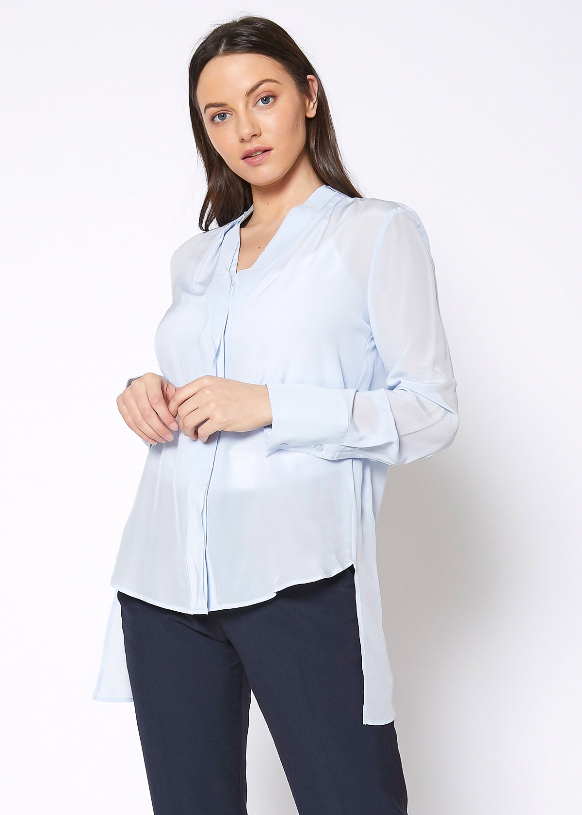 Women's Sheer Placket Hi Lo Blouse in flowy chiffon fabric with a high low hem, showcasing a stylish and elegant design.