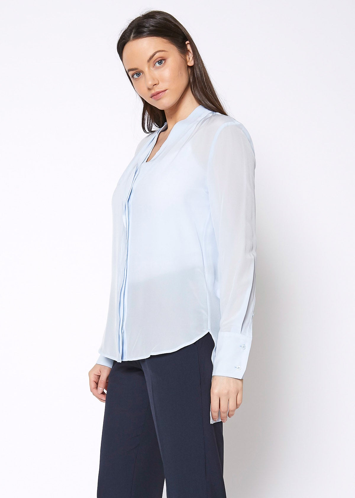 Women's Sheer Placket Hi Lo Blouse in flowy chiffon fabric with a high low hem, showcasing a stylish and elegant design.