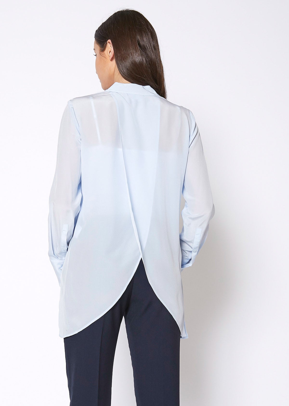 Women's Sheer Placket Hi Lo Blouse in flowy chiffon fabric with a high low hem, showcasing a stylish and elegant design.