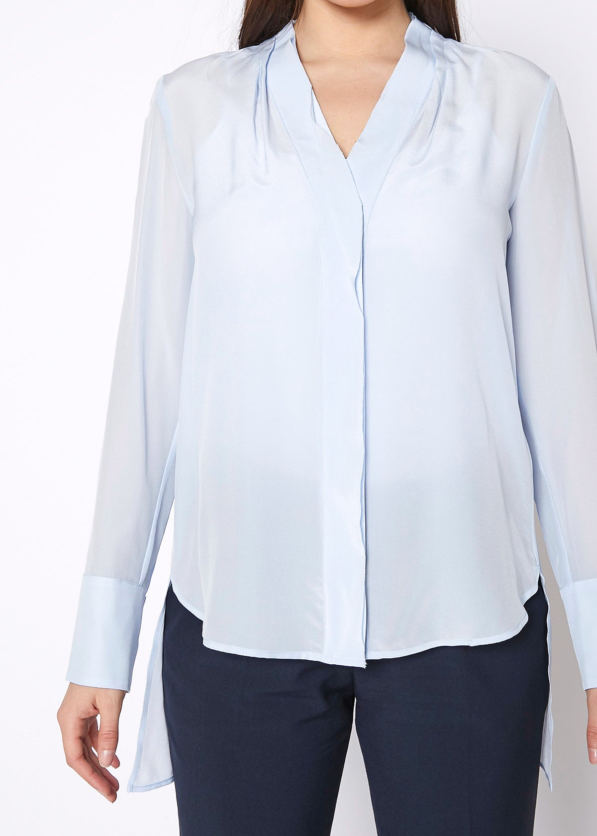 Women's Sheer Placket Hi Lo Blouse in flowy chiffon fabric with a high low hem, showcasing a stylish and elegant design.