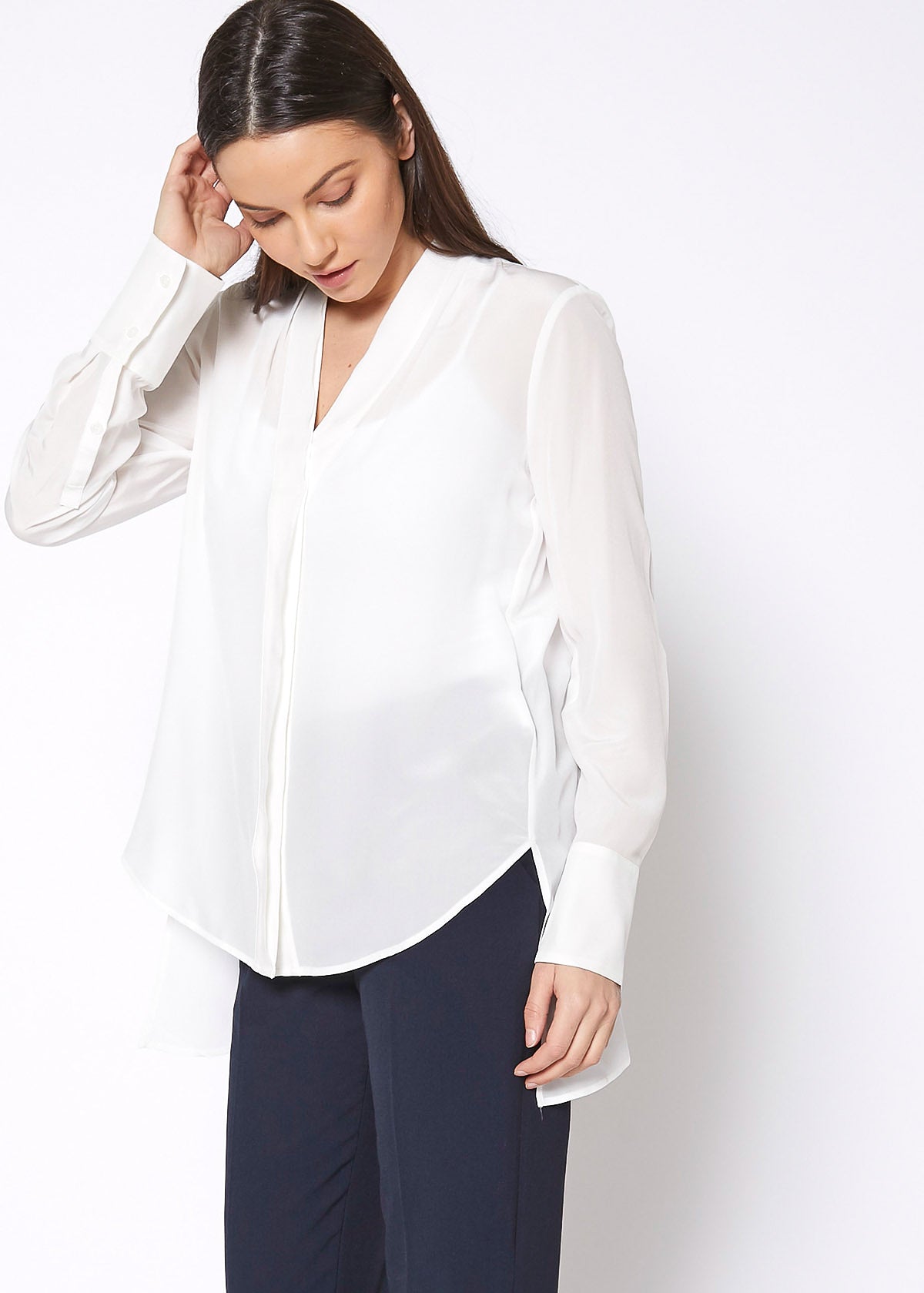 Women's Sheer Placket Hi Lo Blouse in flowy chiffon fabric with a high low hem, showcasing a stylish and elegant design.