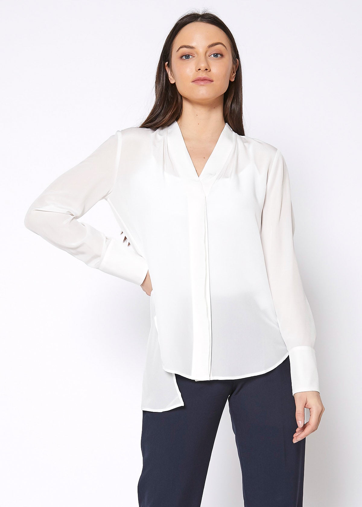 Women's Sheer Placket Hi Lo Blouse in flowy chiffon fabric with a high low hem, showcasing a stylish and elegant design.