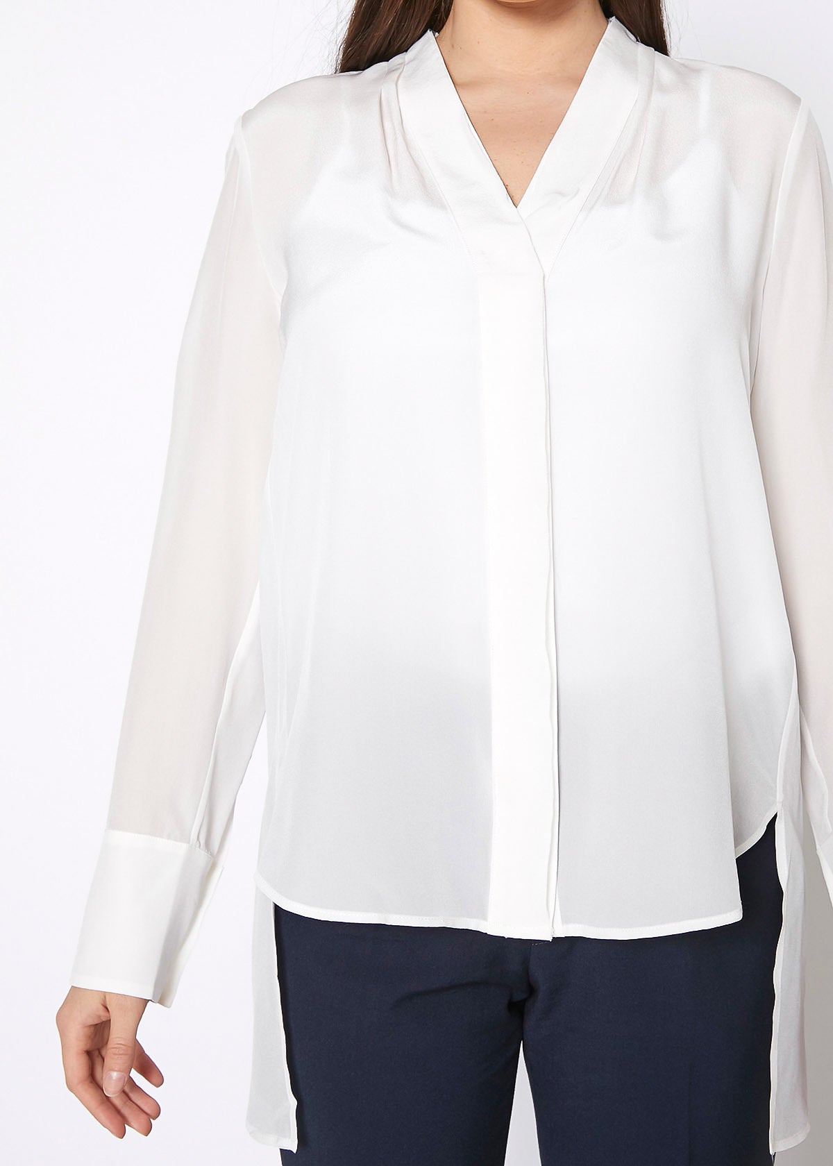 Women's Sheer Placket Hi Lo Blouse in flowy chiffon fabric with a high low hem, showcasing a stylish and elegant design.