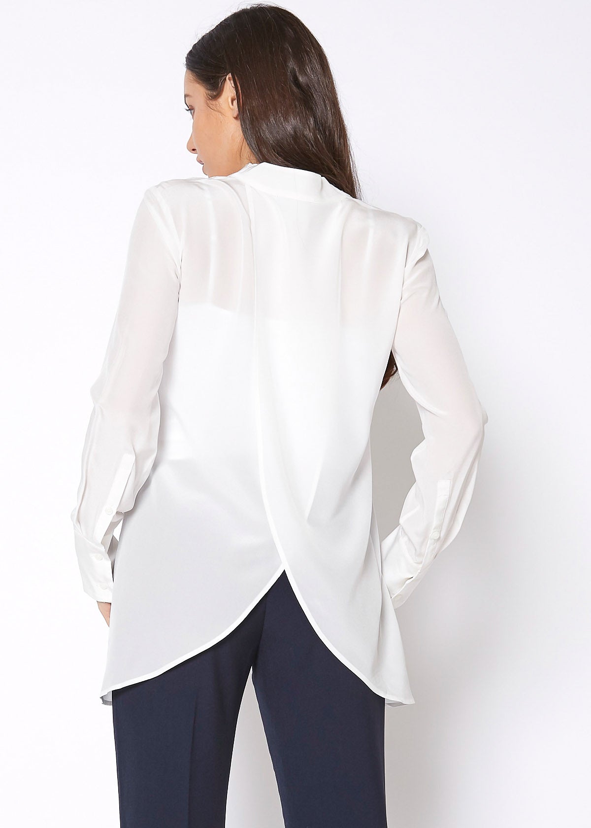 Women's Sheer Placket Hi Lo Blouse in flowy chiffon fabric with a high low hem, showcasing a stylish and elegant design.