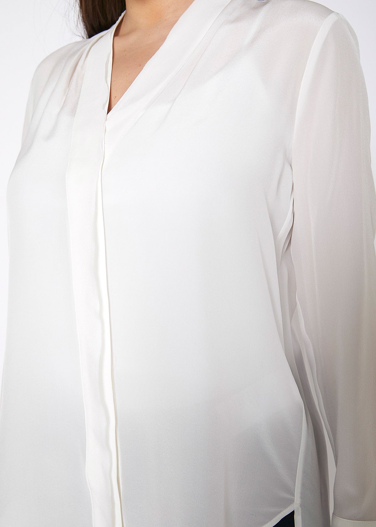 Women's Sheer Placket Hi Lo Blouse in flowy chiffon fabric with a high low hem, showcasing a stylish and elegant design.