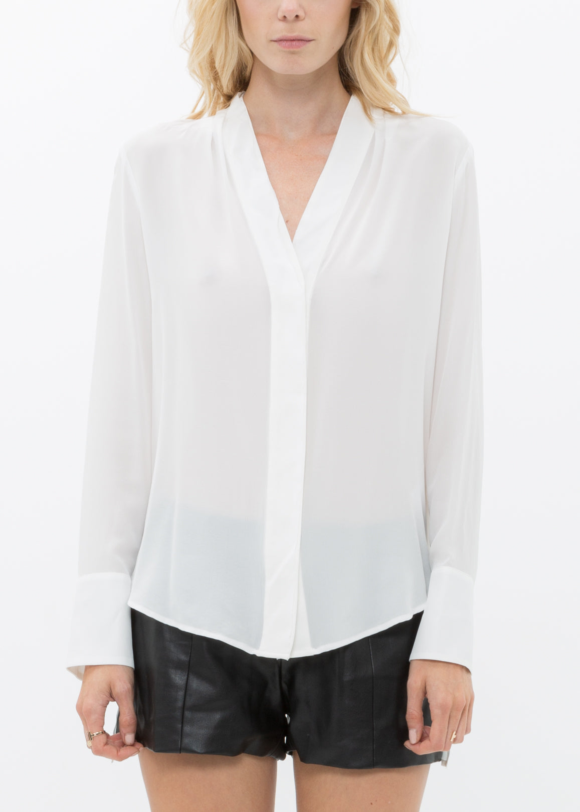 Women's Sheer Placket Hi Lo Blouse in flowy chiffon fabric with a high low hem, showcasing a stylish and elegant design.