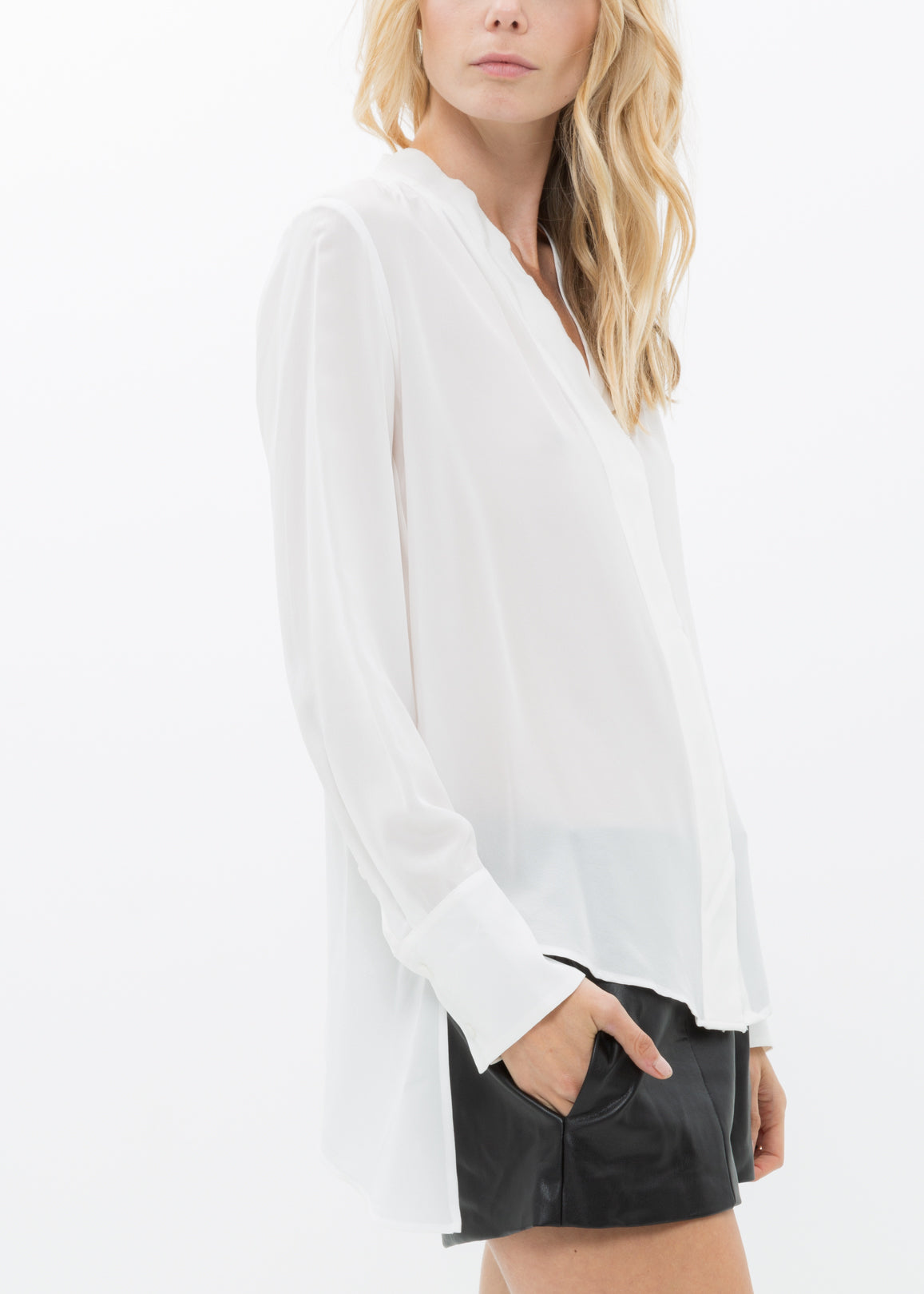 Women's Sheer Placket Hi Lo Blouse in flowy chiffon fabric with a high low hem, showcasing a stylish and elegant design.