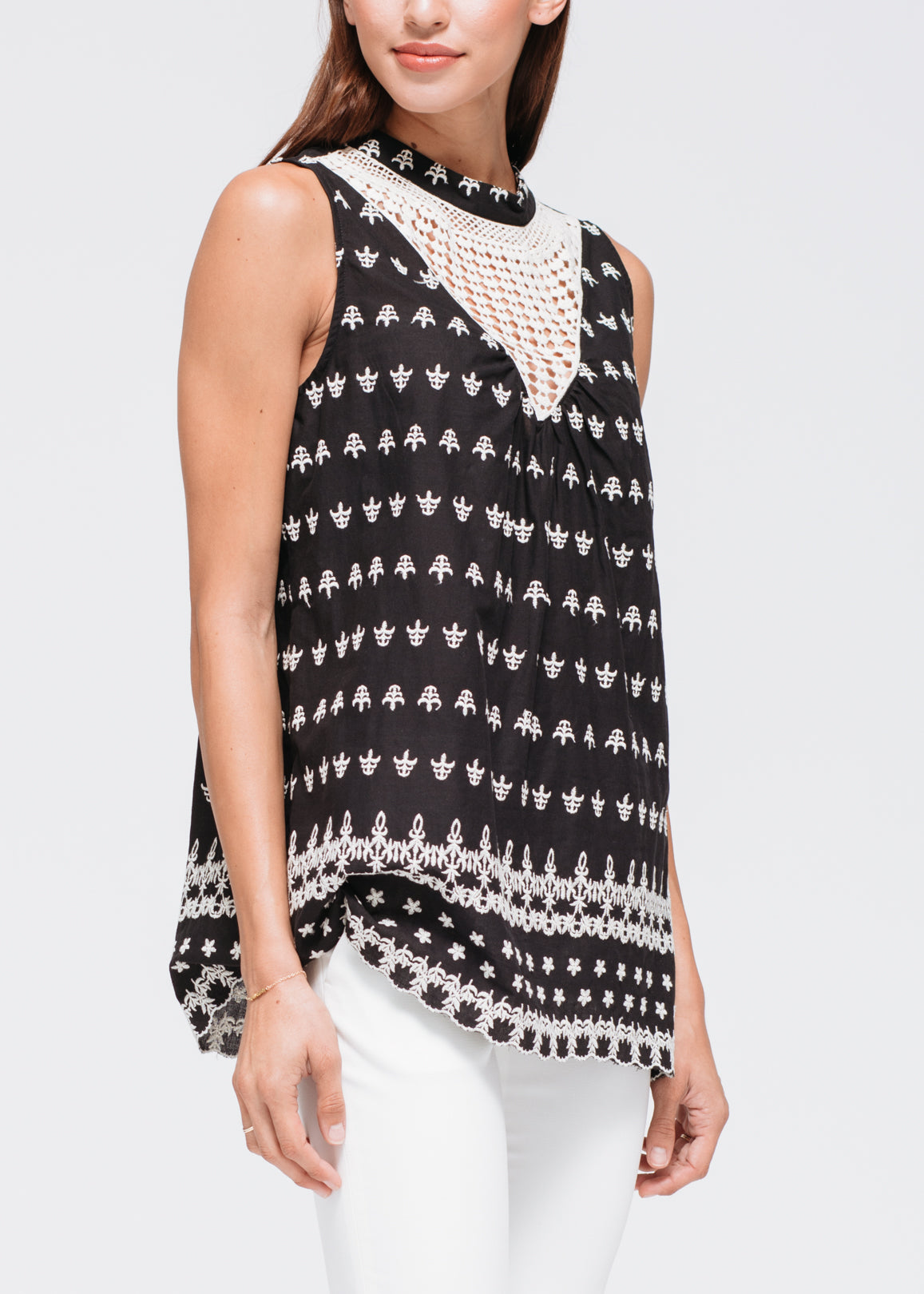 A stylish Women's Sleeveless Crochet Trim Top featuring intricate crochet detailing, a buttoned keyhole back, and made from soft 100% cotton fabric.