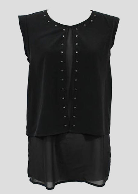 Women's sleeveless top featuring rivet trim and mesh layering, showcasing a stylish button back closure.