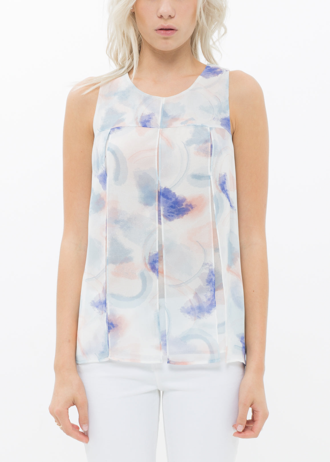 A stylish women's sleeveless blouse featuring a vibrant water color pattern and elegant slit detail, perfect for layering or solo wear.