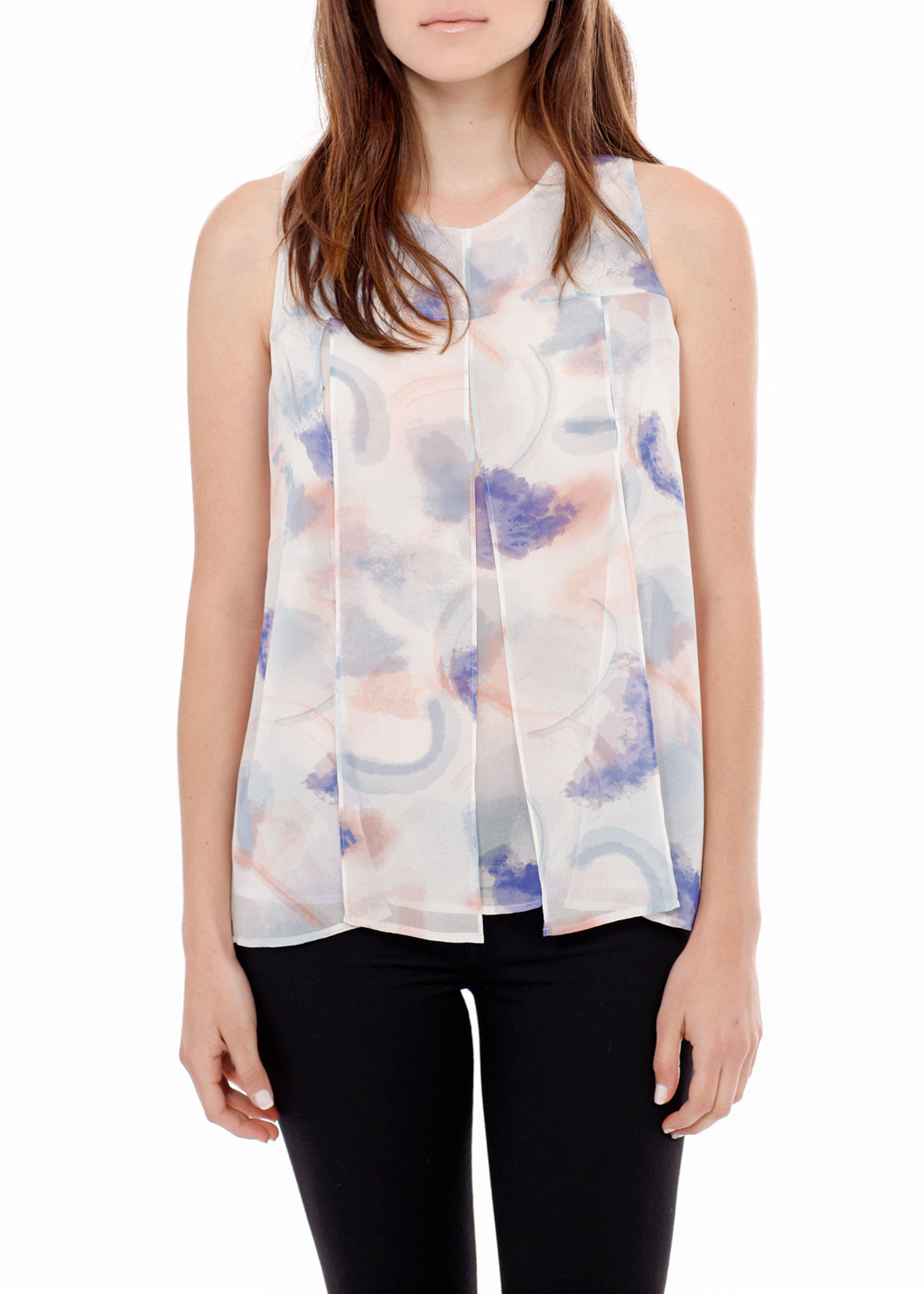 A stylish women's sleeveless blouse featuring a vibrant water color pattern and elegant slit detail, perfect for layering or solo wear.