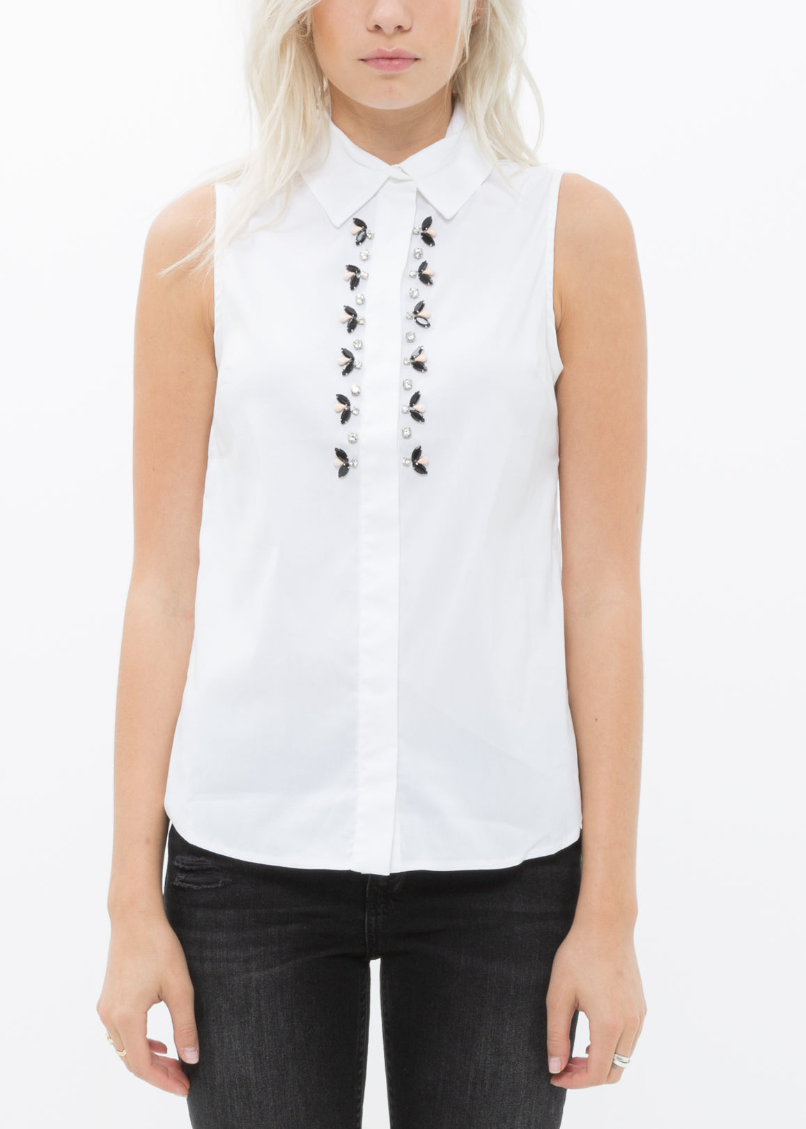 Women's sleeveless button-up shirt with trim detail, made from stretch-cotton blend, perfect for warm weather.