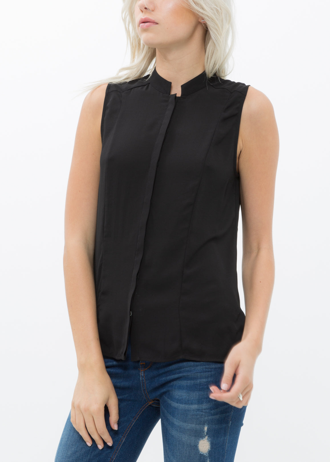 Women's stand collar sleeveless blouse with hidden-button fly closure and hi-lo slit hem, made from 100% polyester.