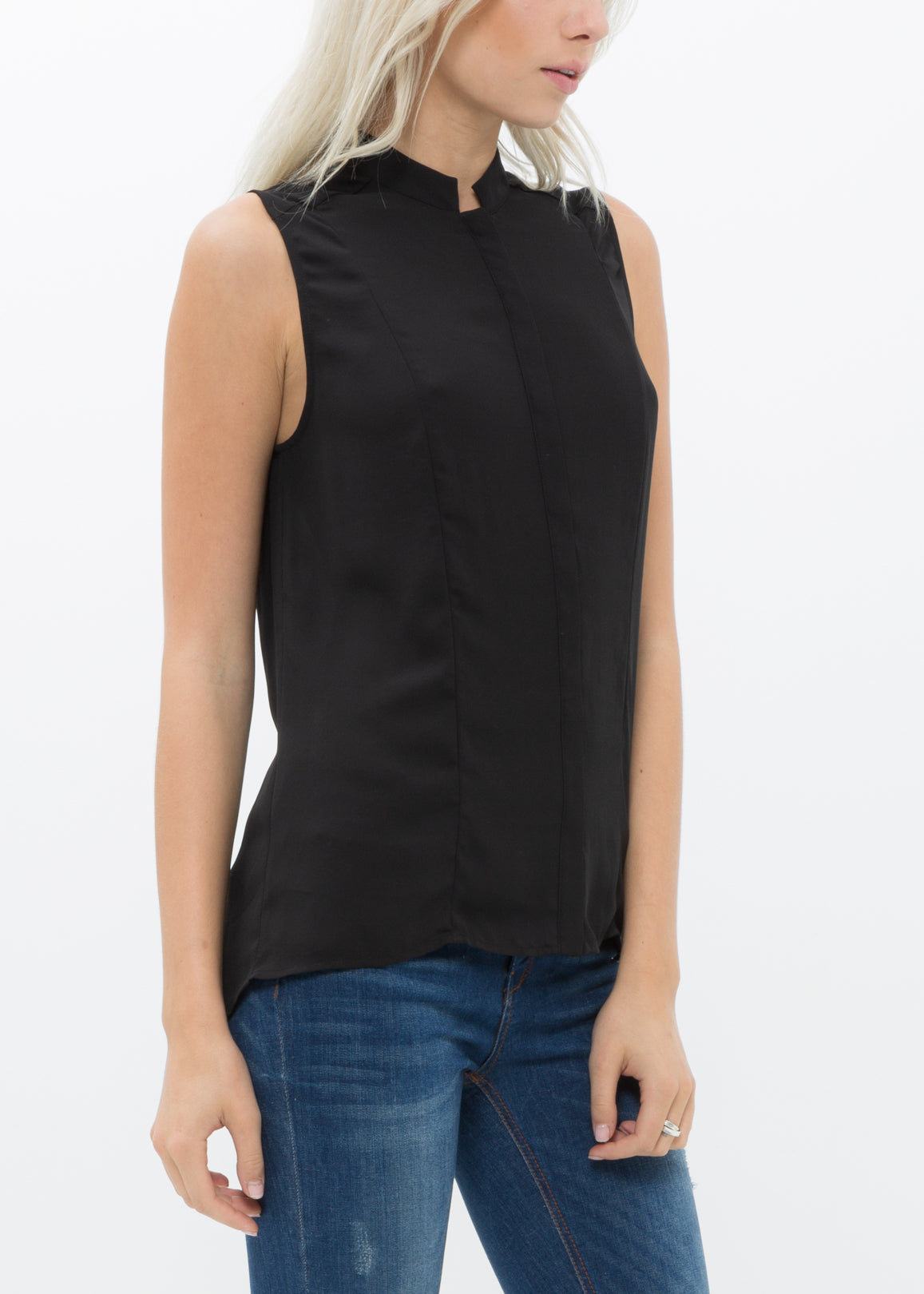 Women's stand collar sleeveless blouse with hidden-button fly closure and hi-lo slit hem, made from 100% polyester.